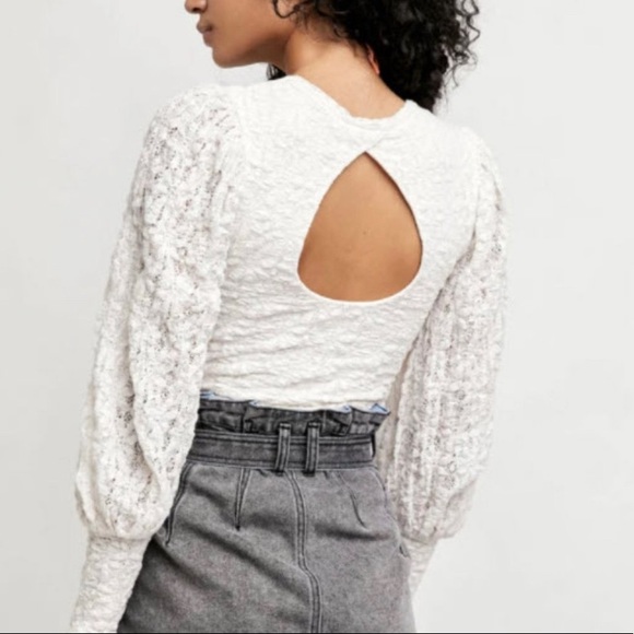Free People Tea Time Round Neck Long Puff Sleeve Lace Top in white size XXS - Picture 2 of 16
